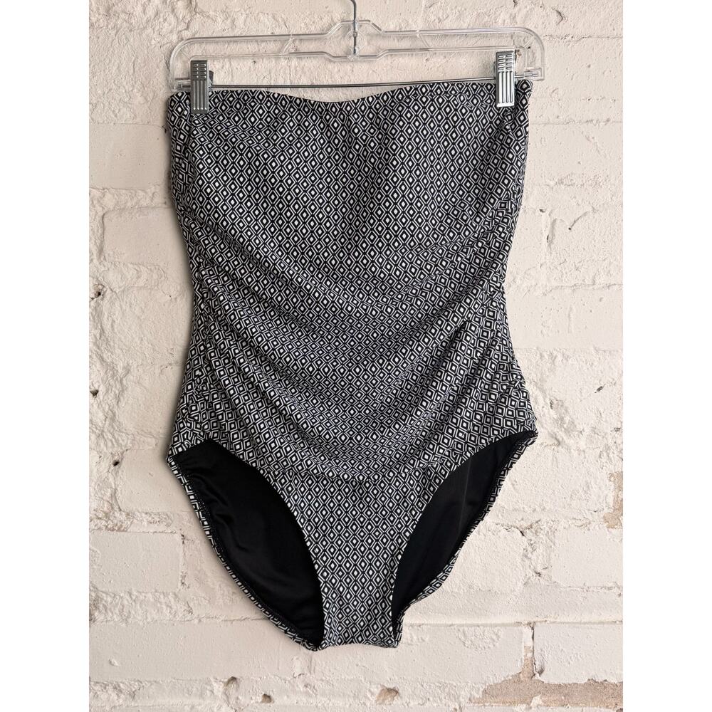 DKNY One Piece Swimsuit Strapless Tummy Control Black White Geometric L